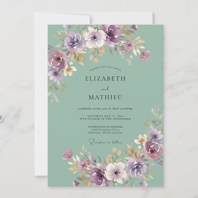 Convite Casamento Romântico com Florescer Roxo Salvia (Frente)