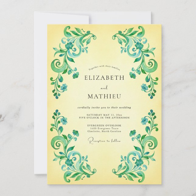 Convite Casamento Romântico com Florescer Verde Esmeralda (Frente)