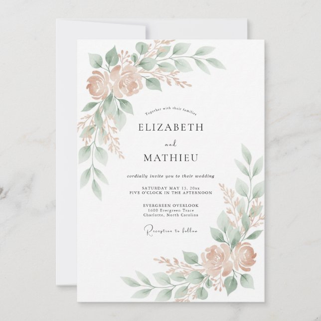 Convite Casamento Romântico com Florescer Verde Rosa (Frente)