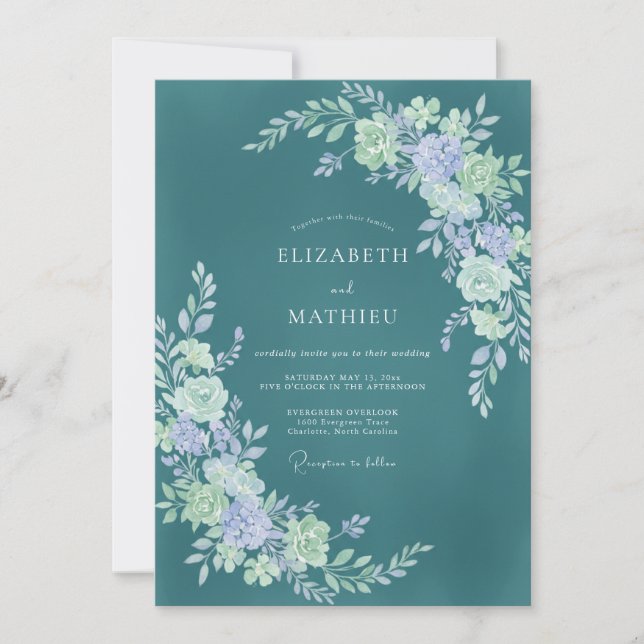 Convite Casamento Romântico com Florescimento Floral Turqu (Frente)