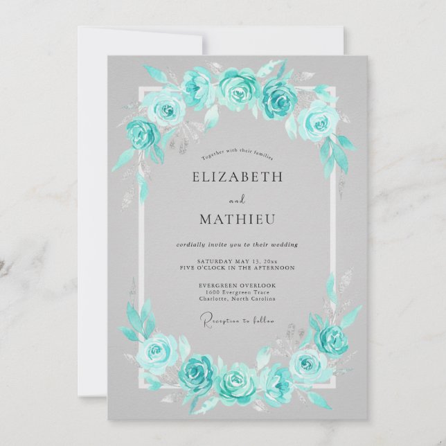 Convite Casamento Romântico com Florescimento Floral Turqu (Frente)