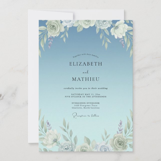 Convite Casamento Romântico com Folha Pintada de Azul (Frente)