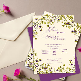 Convite Casamento Romântico com Folhas de Frutas Roxas Rús