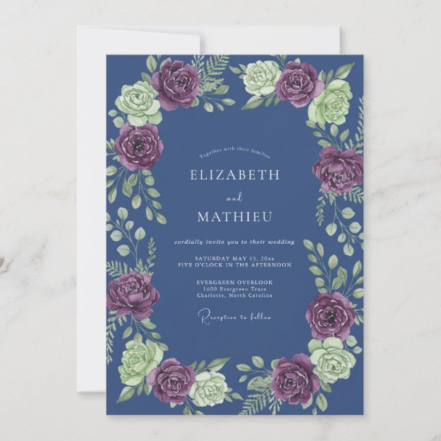 Convite Casamento Romântico com Folhas de Plum Slate (Frente)