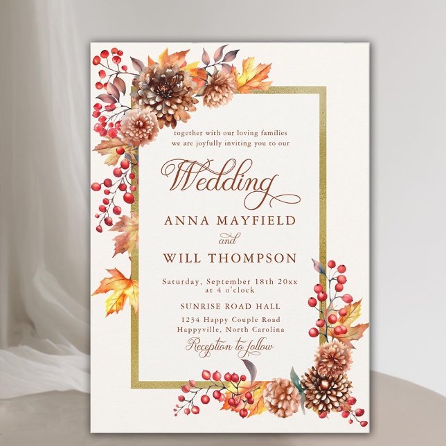 Convite Casamento Romântico com Frame Floral Dourado de Qu (fall floral gold frame elegant rustic boho autumn wedding invitation modern calligraphy terracotta)