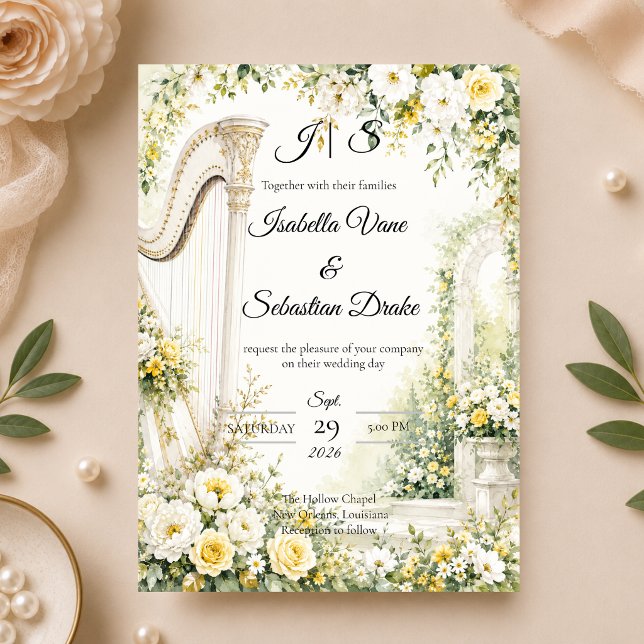 Convite Casamento Romântico com Harpa de Jardim Elegante (Criador carregado)