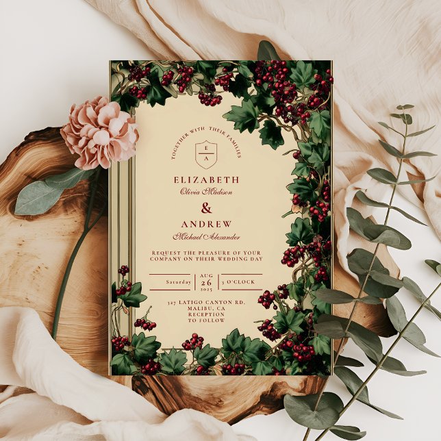 Convite Casamento Romântico com Hera e Frutas (Criador carregado)