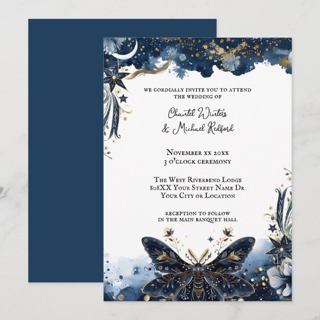 Convite Casamento Romântico com Mariposa Azul Celeste e Do (Frente/Verso)