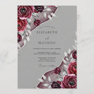 Convite Casamento Romântico com Pincelada Floral Borgonha