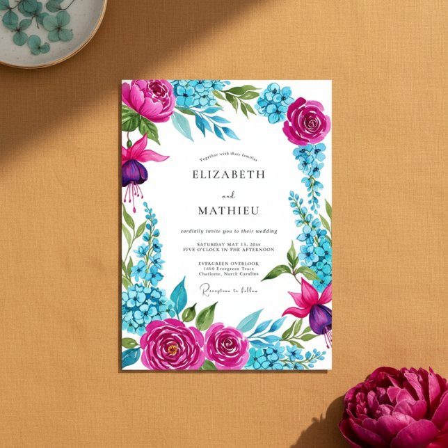 Convite Casamento Romântico com Pincelada Floral Magenta (Criador carregado)