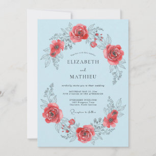 Convite Casamento Romântico com Rosa Flor de Rosa Azul Cla