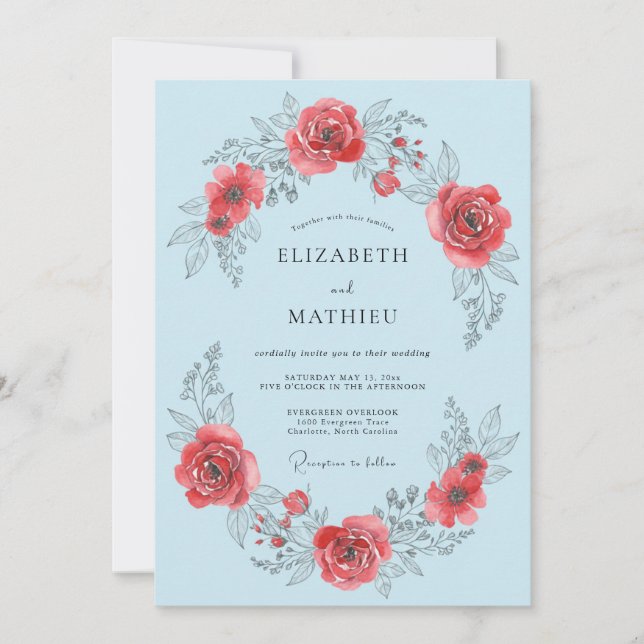 Convite Casamento Romântico com Rosa Flor de Rosa Azul Cla (Frente)