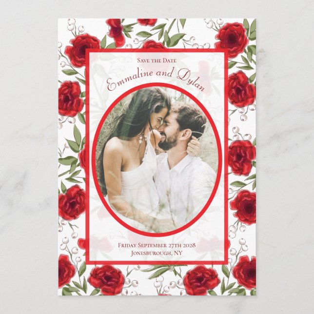 Convite Casamento Romântico com Rosa Vermelha Foto Save th (Frente)