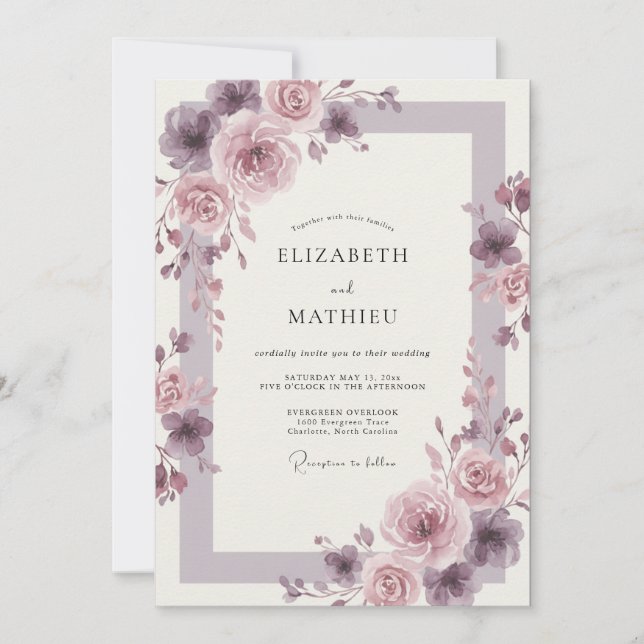 Convite Casamento Romântico com Tons de Malva Polida (Frente)