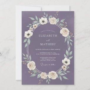 Convite Casamento Romântico com Violeta Ameixa Folhagem