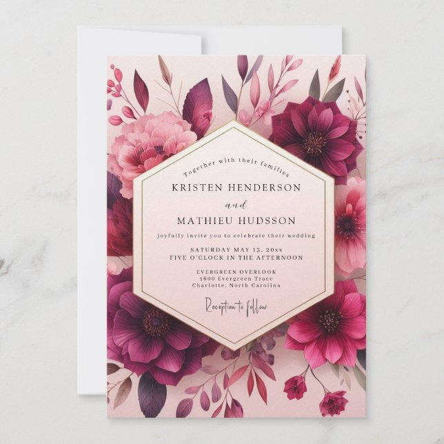 Convite Casamento Romântico Crimson Bloom (Frente)