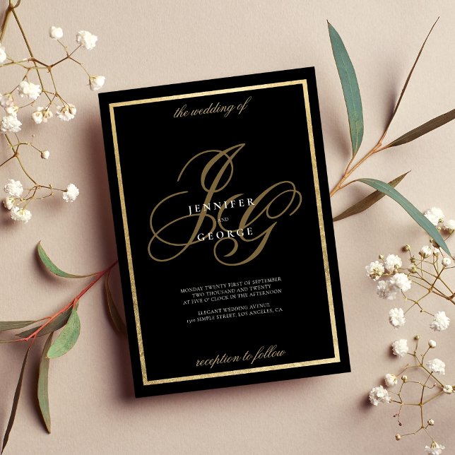 Convite Casamento romântico das iniciais do monograma de o (Black gold monogram initials romantic wedding invitation)