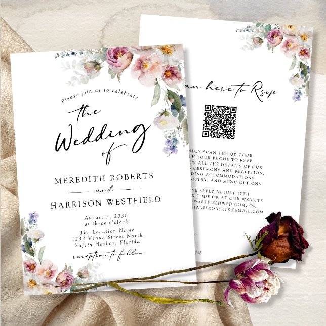 Convite Casamento Romântico de Aquarela Floral Eucalyptus (WeddingInvitation-QRCodeRSVP-RomanticFloralEucalyptus)