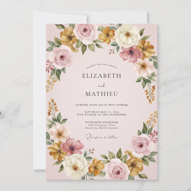 Convite Casamento Romântico de Arte Floral Malva (Frente)