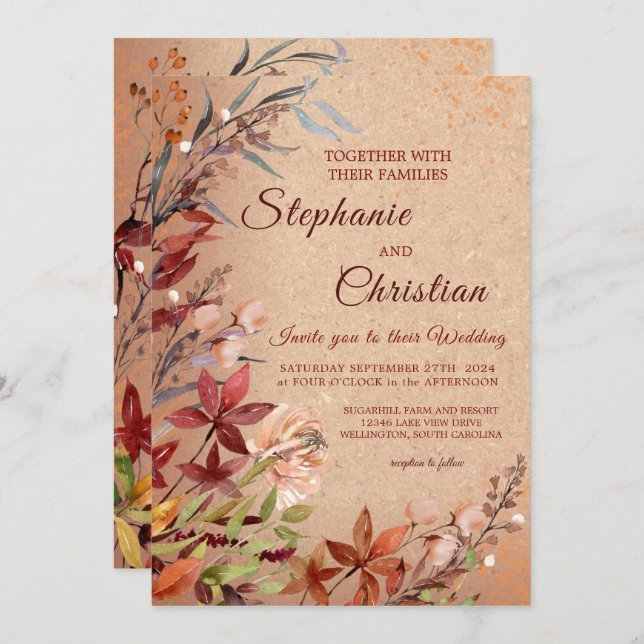 Convite Casamento Romântico de Autumn Floral Rustic Burgun (Frente/Verso)