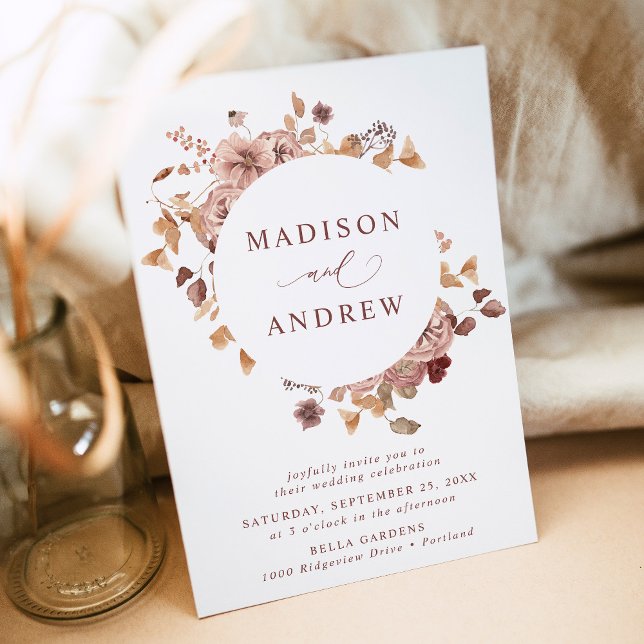 Convite Casamento Romântico de Autumn Floral Wreath (Criador carregado)