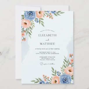 Convite Casamento Romântico de Azul Desbotado na Primavera
