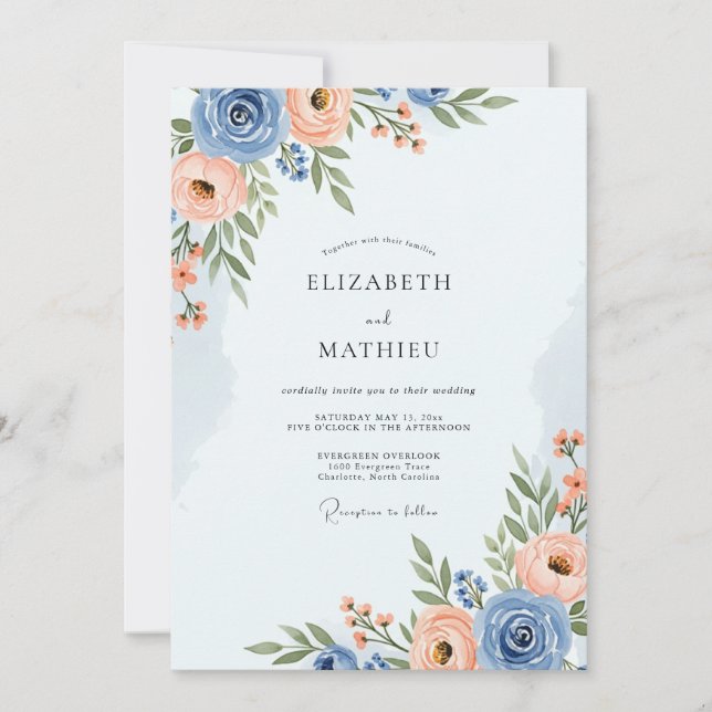 Convite Casamento Romântico de Azul Desbotado na Primavera (Frente)