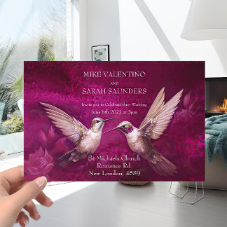 Convite Casamento Romântico de Beija-flores Magenta e Bran