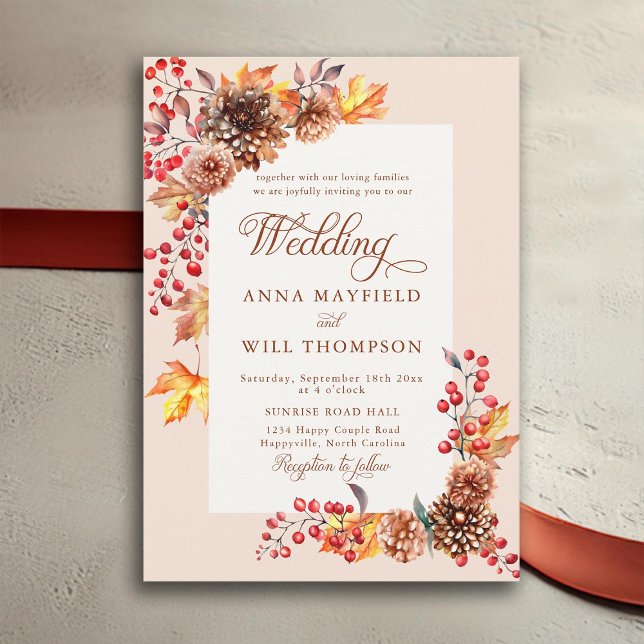 Convite Casamento Romântico de Boho de Queda Elegante (autumn floral frame rustic elegant romantic terracotta calligraphy fall wedding invitation boho)