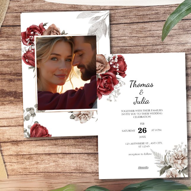 Convite Casamento Romântico de Burgundy e Silver Foto Flor (Romantic Burgundy & Silver Floral Photo Wedding Invitation)
