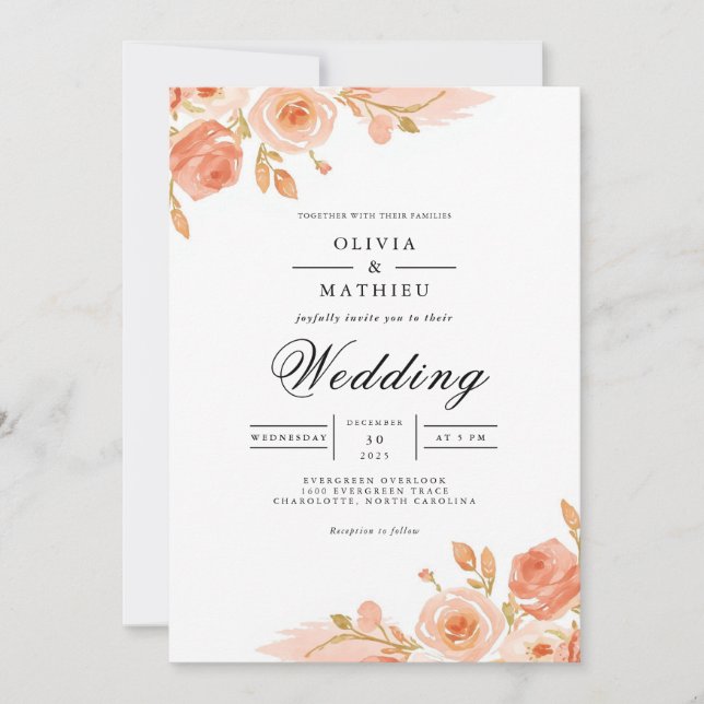 Convite Casamento Romântico de Canto Floral Suave (Frente)