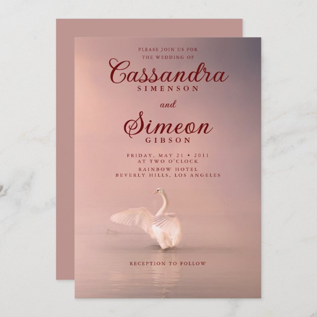Convite Casamento Romântico de Cisne Rosa (Frente/Verso)