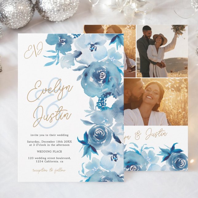 Convite Casamento Romântico de Cor Floral Azul Elegante (Romantic Elegant blue Floral Watercolor Wedding Invitation)