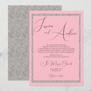 Convite Casamento Romântico de Derramamento Rosa e Silver 