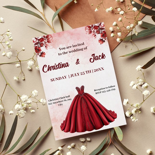 Convite Casamento Romântico de Design Floral Burgundy Ball (Criador carregado)