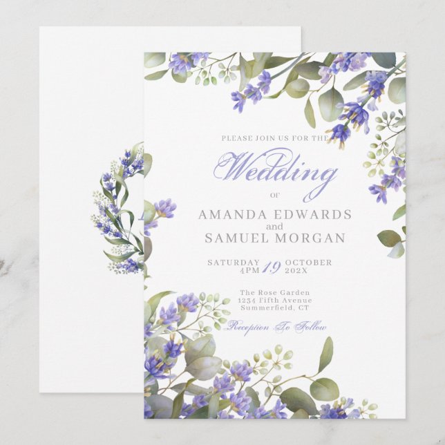 Convite Casamento Romântico de Eucalipto e Lavanda (Frente/Verso)