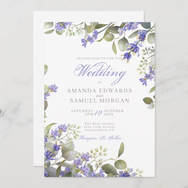 Convite Casamento Romântico de Eucaliptos e Lavandas (Frente/Verso)