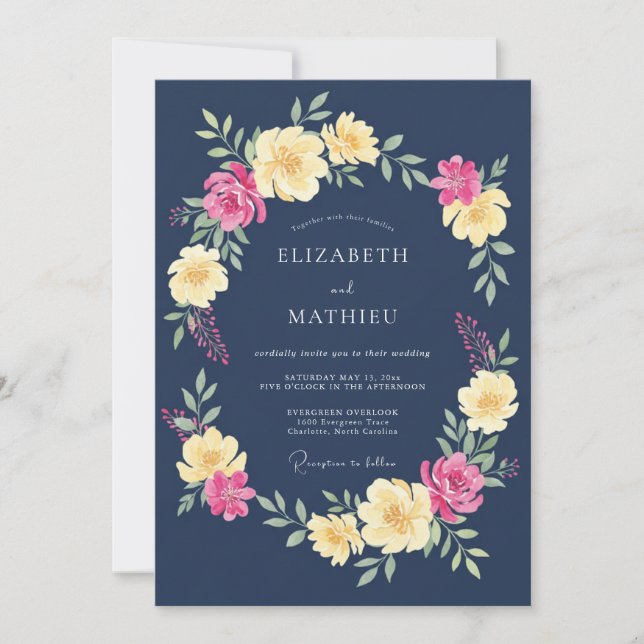 Convite Casamento Romântico de Floral Naval de Primavera (Frente)