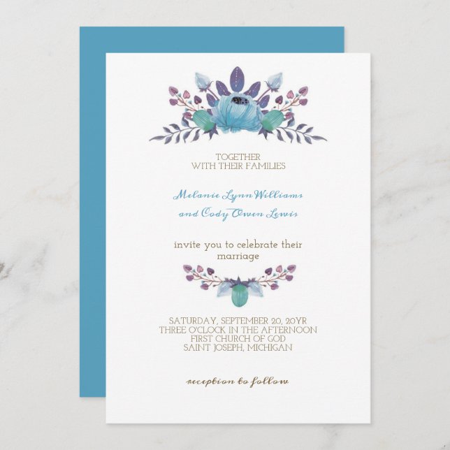 Convite Casamento Romântico de Flores Azuis de Cadete (Frente/Verso)