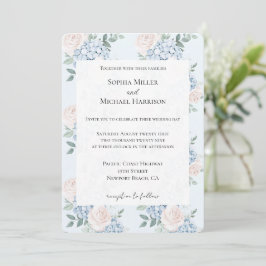 Convite Casamento Romântico de Flores Azuis Rosa