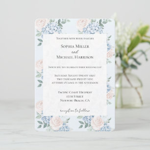 Convite Casamento Romântico de Flores Azuis Rosa