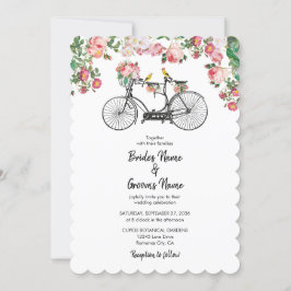 Convite Casamento Romântico de Flores de Bicicletas e Aves