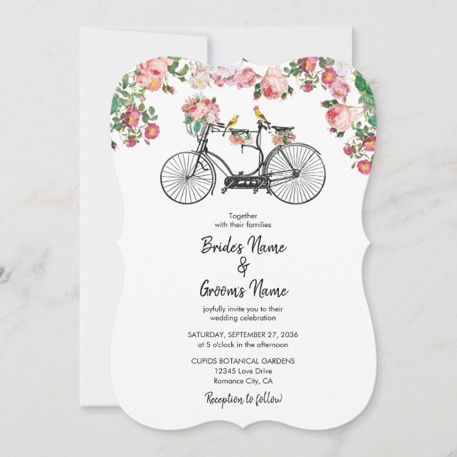 Convite Casamento Romântico de Flores de Bicicletas e Aves (Frente)
