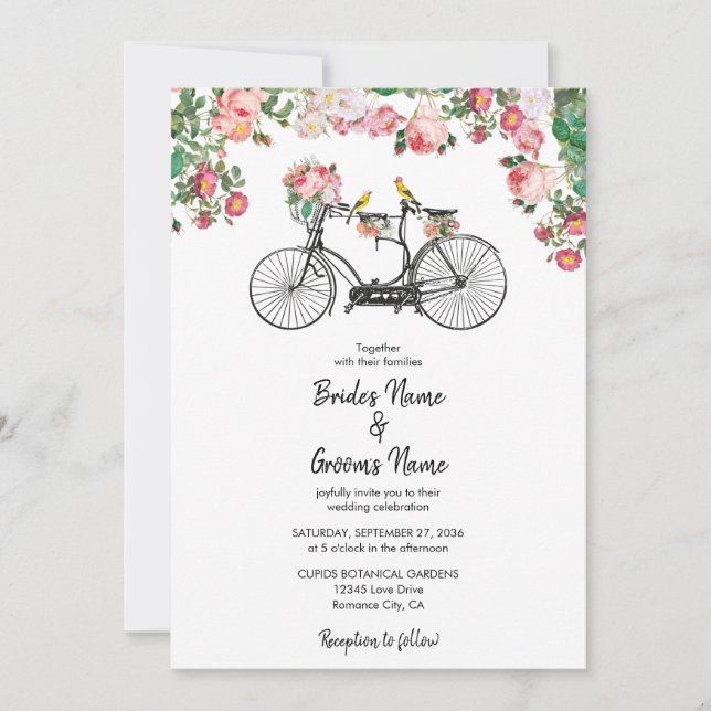 Convite Casamento Romântico de Flores de Bicicletas e Aves (Frente)