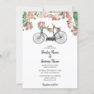 Convite Casamento Romântico de Flores de Bicicletas e Aves
