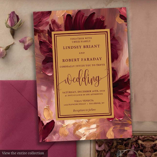 Convite Casamento Romântico de Flores Douradas Vermelhas P (Romantic Luxury Deep Red Gold Flowers Wedding Invitation)
