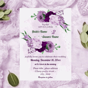 Convite Casamento romântico de flores roxas verdes