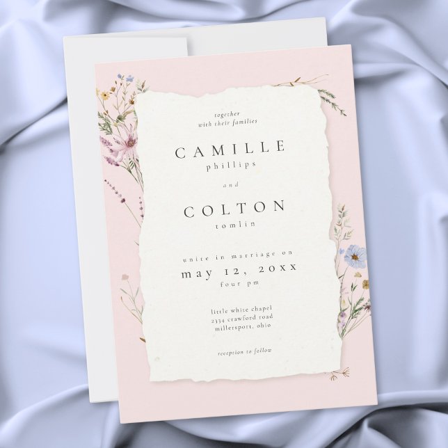 Convite Casamento Romântico de Flores Silvestres Rosa Bege (Rustic Blush Pink Romantic Wildflower Wedding Invitation)