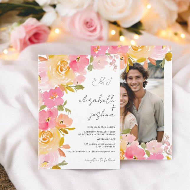 Convite Casamento romântico de fotos florais amarelas cor- (Romantic boho pink yellow floral photo wedding invitation)