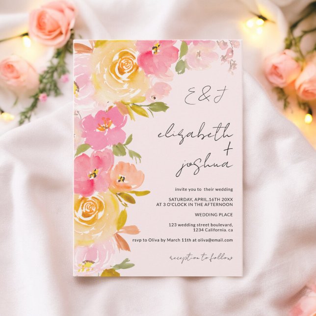 Convite Casamento romântico de fotos florais amarelas cor- (Romantic blush pink yellow floral photo wedding invitation)